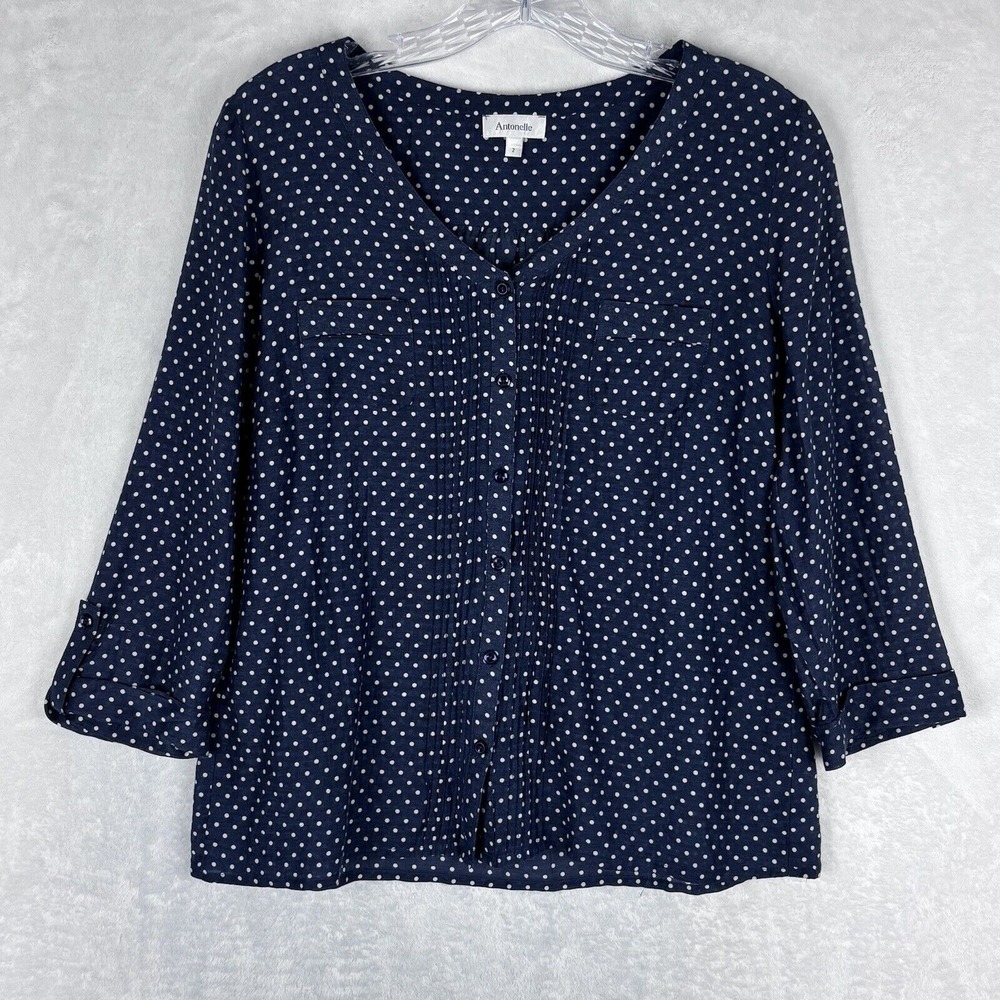 Antonelle Women's Navy Blue Polka Dot 3/4 Sleeve Button Up V Neck Blouse Size2